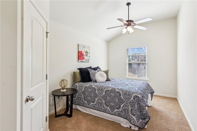 bedroom featuring baseboards, a ceiling fan, carpet, and vaulted ceiling