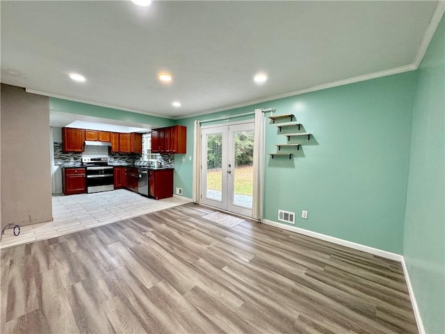 kitchen with stainless steel appliances, tasteful backsplash, ornamental molding, light hardwood / wood-style flooring, and french doors