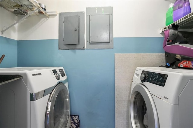 laundry area with electric panel and washing machine and dryer