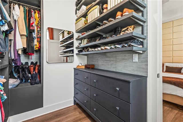 walk in closet with dark hardwood / wood-style flooring