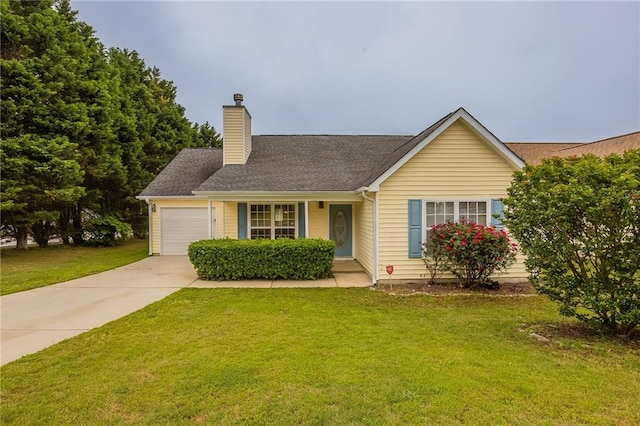 ranch-style home with a garage, a front lawn, a chimney, and concrete driveway