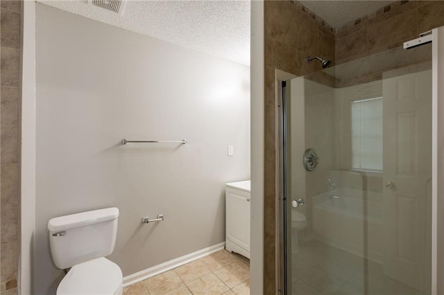 full bathroom with tile patterned flooring, visible vents, toilet, a textured ceiling, and a shower with shower door