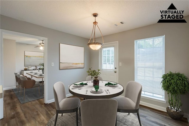 4045 Meadow Glen Way, Fairburn, GA 30213 - dining room with dark wood finished floors, baseboards, and a textured ceiling