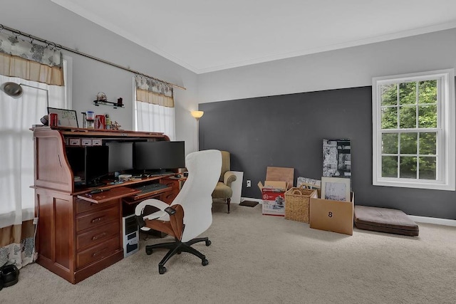 carpeted home office featuring crown molding and baseboards