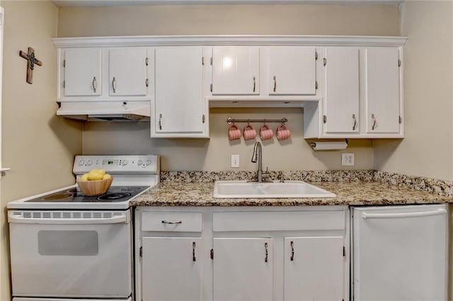 6700 Roswell Rd Unit 22B, Atlanta, GA 30328 - kitchen with white appliances, a sink, under cabinet range hood, and white cabinets