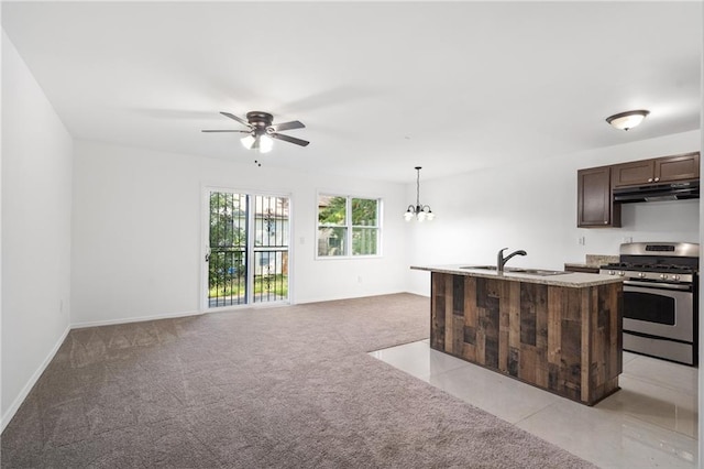 kitchen with under cabinet range hood, dark brown cabinetry, gas range, light carpet, and a sink