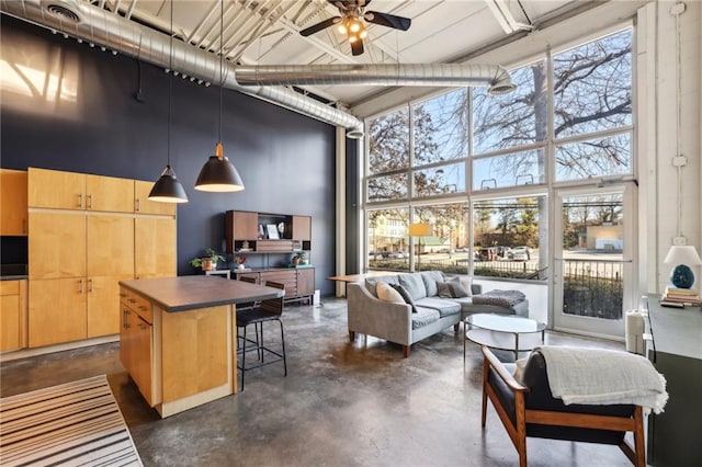 living room featuring a high ceiling, ceiling fan, and a healthy amount of sunlight