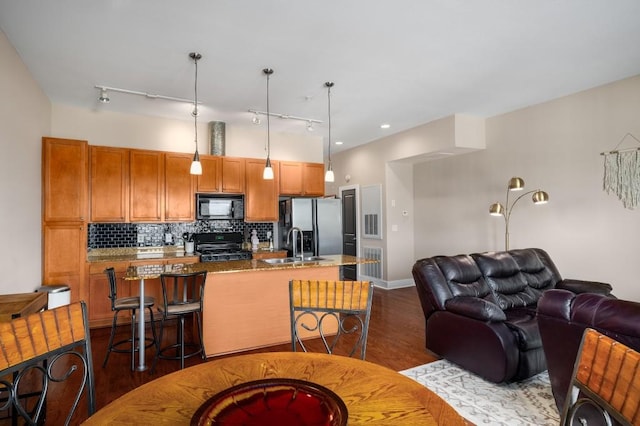 interior space with sink, rail lighting, and dark wood-type flooring