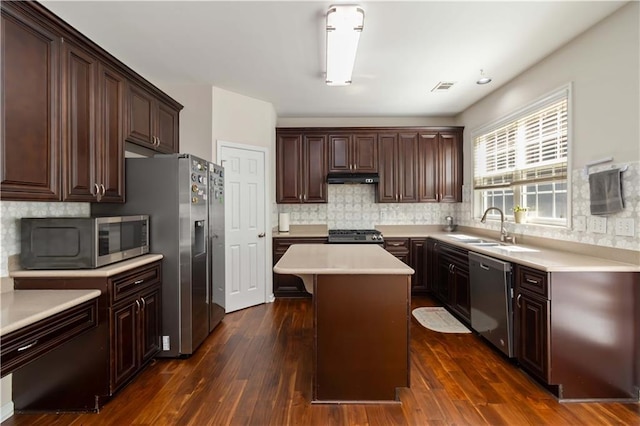 kitchen with stainless steel appliances, a sink, a center island, light countertops, and decorative backsplash