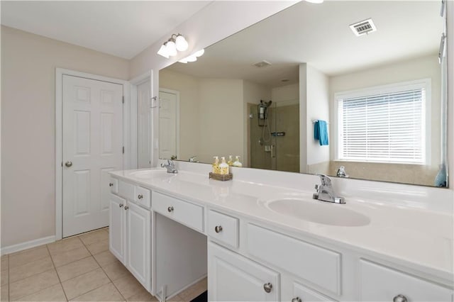 full bath with tile patterned flooring, a shower, and double vanity