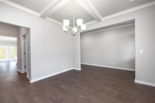 113 Canal St, Hampton, GA 30228 - unfurnished room with a chandelier, beamed ceiling, dark wood-style floors, and baseboards