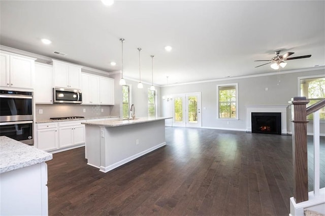 113 Canal St, Hampton, GA 30228 - kitchen featuring appliances with stainless steel finishes, crown molding, dark wood-style floors, decorative backsplash, and white cabinets