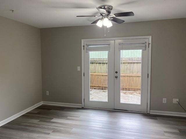 doorway to outside featuring french doors, ceiling fan, and hardwood / wood-style floors