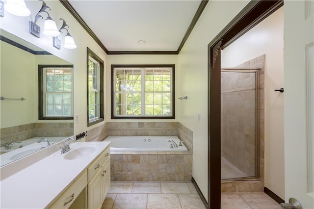 540 Branch Dr, Pendergrass, GA 30567 - bathroom featuring a bath, a shower stall, vanity, and crown molding