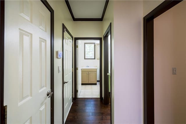 540 Branch Dr, Pendergrass, GA 30567 - hallway featuring dark wood-style floors and crown molding