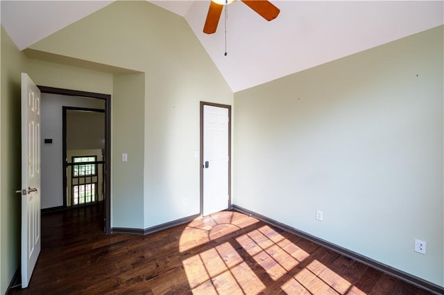 540 Branch Dr, Pendergrass, GA 30567 - unfurnished bedroom with wood finished floors, high vaulted ceiling, and ceiling fan