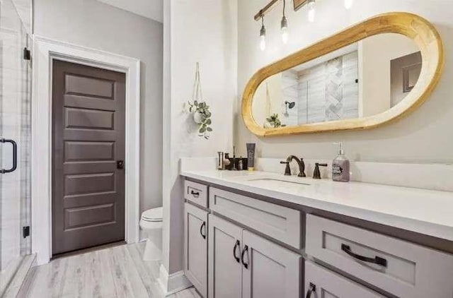bathroom with a shower stall, toilet, and vanity