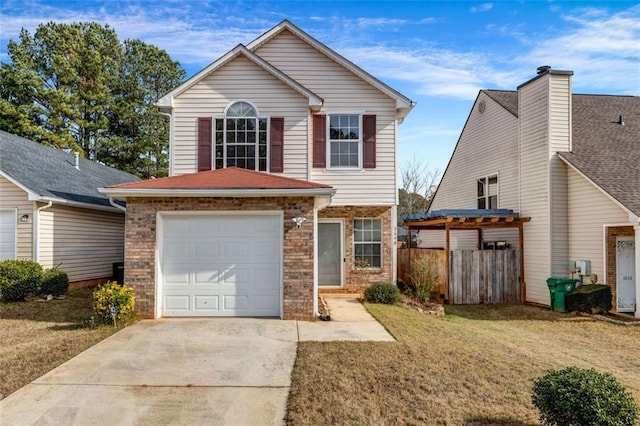 view of front property featuring a front lawn and a garage