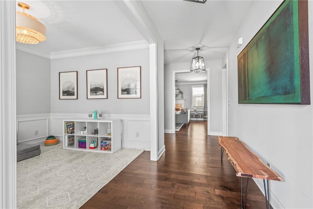 interior space featuring dark wood-style floors, a decorative wall, wainscoting, and crown molding