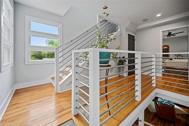 670 Parker Ave, Decatur, GA 30032 - stairway featuring wood finished floors, baseboards, ceiling fan, and recessed lighting