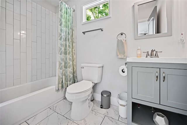 670 Parker Ave, Decatur, GA 30032 - full bath featuring vanity, toilet, marble look tile flooring, shower / bathtub combination with curtain, and baseboards