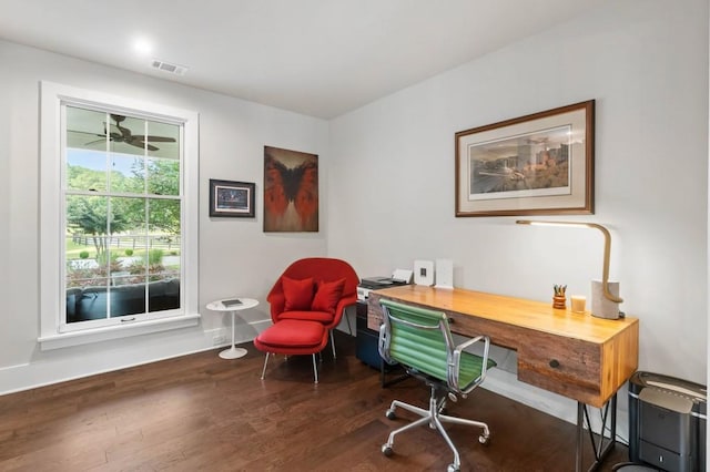 office area with wood finished floors and baseboards