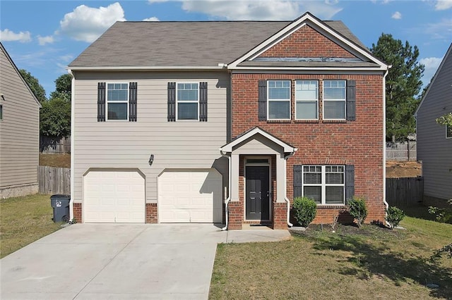 view of front of property featuring fence, a front lawn, concrete driveway, and brick siding