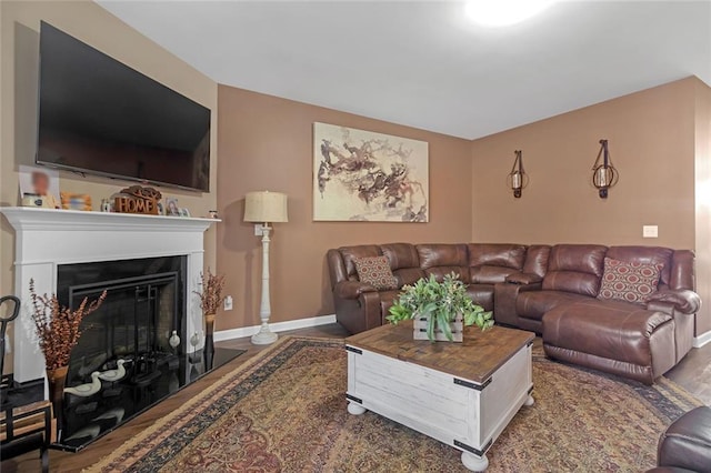 living area with a fireplace, baseboards, and wood finished floors