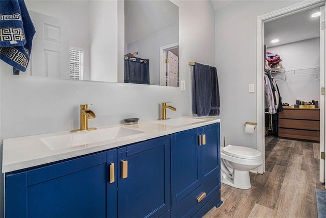 bathroom featuring vanity, wood-type flooring, and toilet