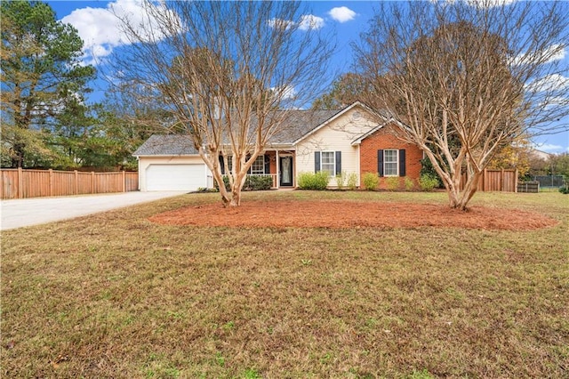 single story home with brick siding, fence, a garage, driveway, and a front lawn