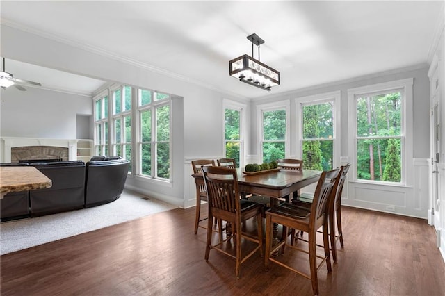 32 Pullman Trl, Acworth, GA 30101 - dining area with ornamental molding, a fireplace, plenty of natural light, wood finished floors, and a wainscoted wall