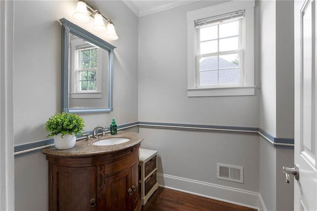 32 Pullman Trl, Acworth, GA 30101 - bathroom featuring vanity, ornamental molding, and wood finished floors