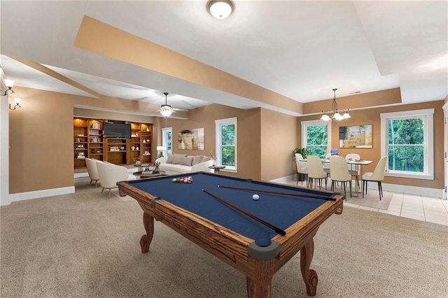 32 Pullman Trl, Acworth, GA 30101 - rec room featuring carpet flooring, a chandelier, a ceiling fan, and billiards