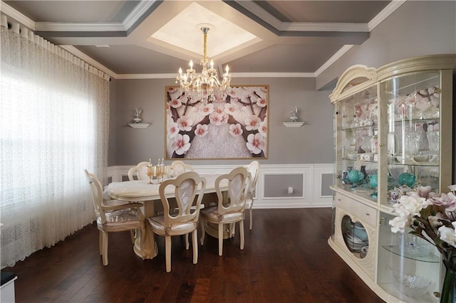 dining area with crown molding, coffered ceiling, a chandelier, and dark wood-type flooring