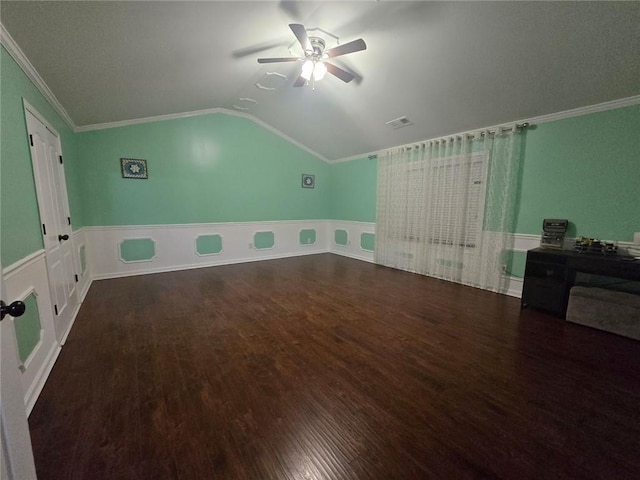 additional living space featuring vaulted ceiling, ceiling fan, and dark hardwood / wood-style flooring