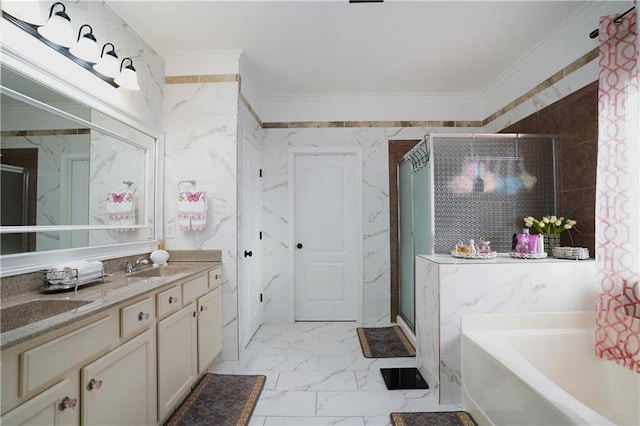 bathroom with vanity, crown molding, and plus walk in shower