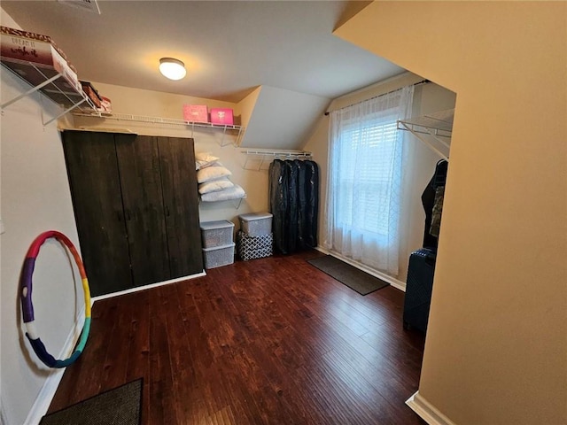 walk in closet featuring dark hardwood / wood-style floors and vaulted ceiling