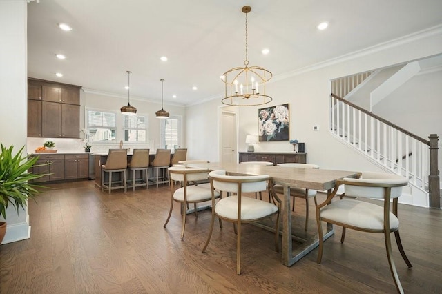 dining space with stairs, dark wood-style floors, a chandelier, recessed lighting, and crown molding