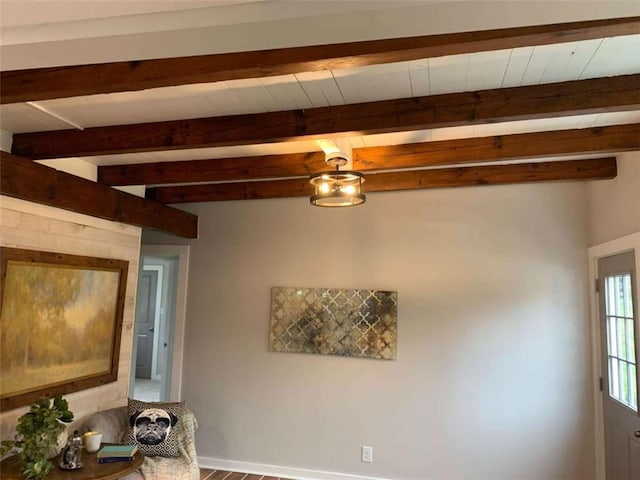 unfurnished living room with wood-type flooring and beam ceiling