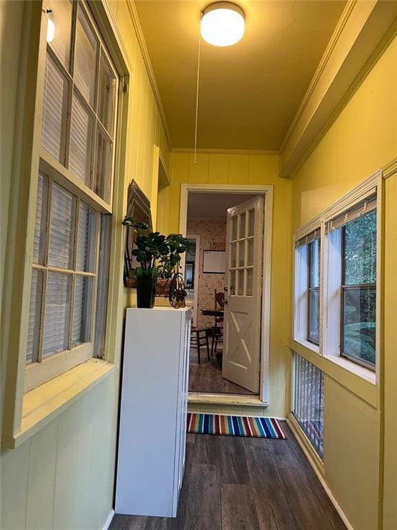 1017 Clifton Dr, Macon, GA 31204 - hallway with ornamental molding, dark wood-type flooring, and attic access