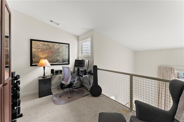 1382 Stirling Cir NW, Atlanta, GA 30318 - office featuring baseboards, visible vents, vaulted ceiling, and carpet