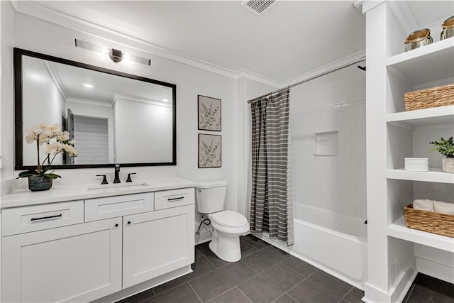 full bathroom featuring vanity, toilet, ornamental molding, tile patterned flooring, and shower / tub combo with curtain