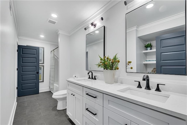 full bathroom with ornamental molding, vanity, toilet, and shower / bathtub combination with curtain