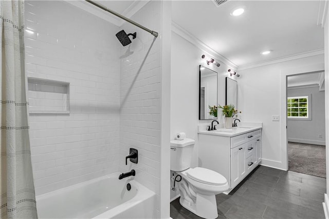 full bathroom featuring tile patterned flooring, crown molding, shower / tub combo with curtain, vanity, and toilet