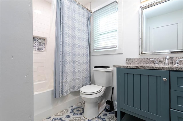 full bath with vanity, tile patterned flooring, shower / bath combo, and toilet