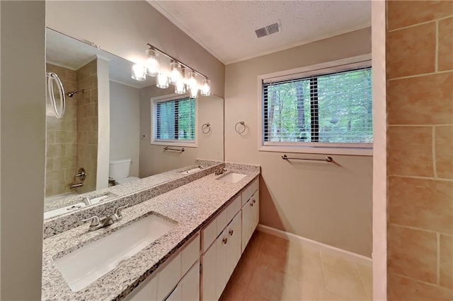 2041 Kramer Way, Marietta, GA 30062 - full bathroom featuring tile patterned floors, double vanity, toilet, ornamental molding, and baseboards