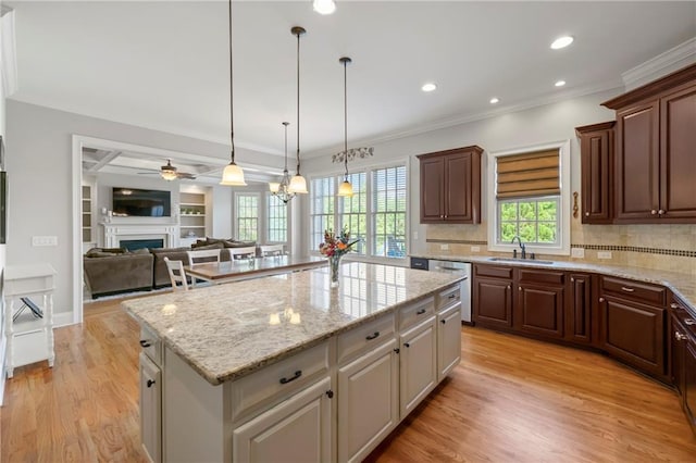 kitchen with light wood-style floors, a sink, crown molding, and stainless steel dishwasher