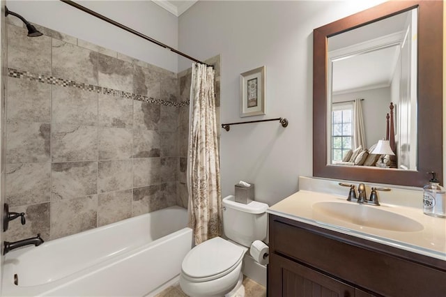bathroom with vanity, toilet, ornamental molding, and shower / tub combo with curtain