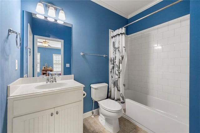 bathroom with tile patterned flooring, vanity, toilet, shower / bath combination with curtain, and baseboards