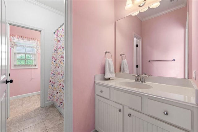 full bathroom with crown molding, tile patterned flooring, vanity, curtained shower, and baseboards